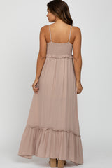 Taupe Sleeveless Pleated V-Neck Ruffle Trim Maternity Maxi Dress