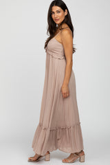 Taupe Sleeveless Pleated V-Neck Ruffle Trim Maxi Dress