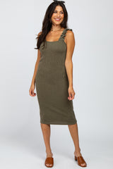 Olive Fitted Ruffle Strap Maternity Dress