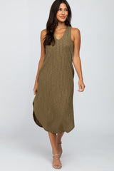 Olive Ribbed V-Neck Round Hem Maternity Midi Dress