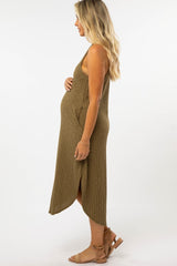 Olive Ribbed V-Neck Round Hem Maternity Midi Dress