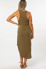 Olive Ribbed V-Neck Round Hem Maternity Midi Dress