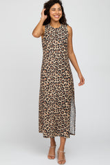 Brown Animal Print Ribbed Side Slit Maternity Maxi Dress