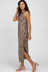 Brown Animal Print Ribbed Side Slit Maxi Dress