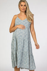 Light Blue Floral Ruffle Tiered Maternity Midi Dress