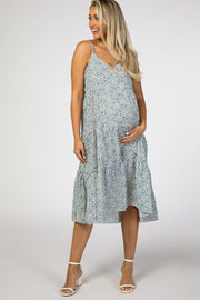 Light Blue Floral Ruffle Tiered Maternity Midi Dress