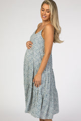 Light Blue Floral Ruffle Tiered Maternity Midi Dress