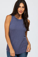 Blue Ribbed Sleeveless Maternity Top