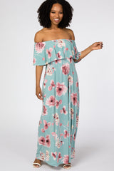 Mint Green Floral Off Shoulder Maxi Dress