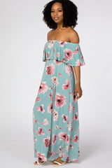 Mint Green Floral Off Shoulder Maxi Dress