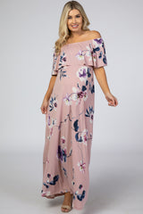 Mauve Floral Flounce Off Shoulder Maternity Maxi Dress