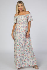 Ivory Floral Smocked Off Shoulder Maternity Maxi Dress