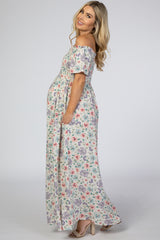 Ivory Floral Smocked Off Shoulder Maternity Maxi Dress