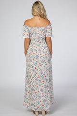 Ivory Floral Smocked Off Shoulder Maternity Maxi Dress