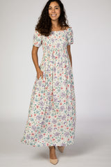 Ivory Floral Smocked Off Shoulder Maternity Maxi Dress