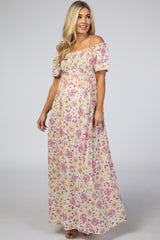 Pink Floral Smocked Off Shoulder Maternity Maxi Dress