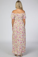 Pink Floral Smocked Off Shoulder Maternity Maxi Dress