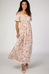 Pink Floral Smocked Off Shoulder Maternity Maxi Dress