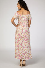 Pink Floral Smocked Off Shoulder Maxi Dress