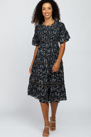 Black Floral Smocked Tiered Midi Dress