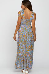 Light Blue Floral Tie Strap Maternity Maxi Dress