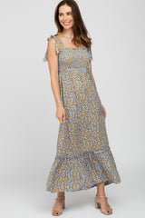 Light Blue Floral Tie Strap Maternity Maxi Dress