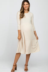 Beige Tiered Ribbed 3/4 Sleeve Maternity Midi Dress