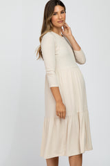 Beige Tiered Ribbed 3/4 Sleeve Maternity Midi Dress