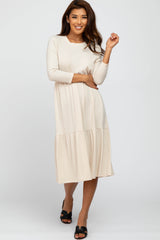 Beige Tiered Ribbed 3/4 Sleeve Maternity Midi Dress