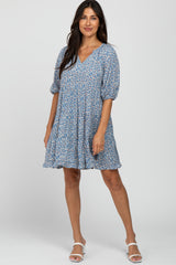 Blue Floral Tiered Smocked Split Neck Dress