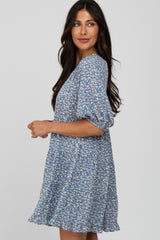 Blue Floral Tiered Smocked Split Neck Dress