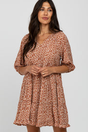 Rust Floral Tiered Smocked Split Neck Dress