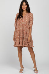 Rust Floral Tiered Smocked Split Neck Dress