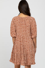 Rust Floral Tiered Smocked Split Neck Dress