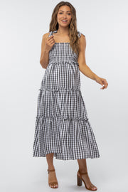 Black Gingham Ruffle Tiered Maternity Midi Dress