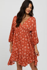 Rust Floral Asymmetrical Hem Dress