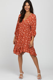 Rust Floral Asymmetrical Hem Dress