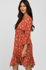 Rust Floral Asymmetrical Hem Dress