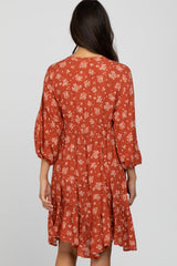 Rust Floral Asymmetrical Hem Dress