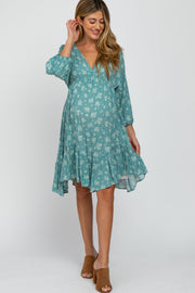 Sage Floral Asymmetrical Hem Maternity Dress