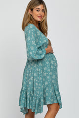 Sage Floral Asymmetrical Hem Maternity Dress