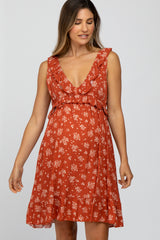 Rust Floral Ruffle Maternity Dress