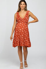 Rust Floral Ruffle Maternity Dress