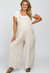 Beige Linen Maternity Plus Overalls