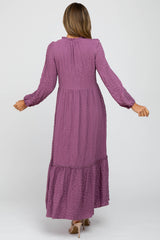 Plum Ruffle Neck Button Front Maxi Dress