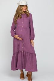 Plum Ruffle Neck Button Front Maternity Maxi Dress