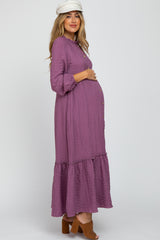 Plum Ruffle Neck Button Front Maternity Maxi Dress