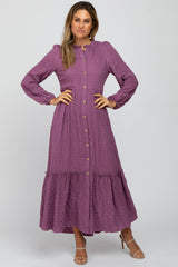 Plum Ruffle Neck Button Front Maternity Maxi Dress