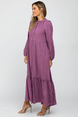 Plum Ruffle Neck Button Front Maxi Dress