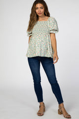 Mint Floral Smocked Puff Sleeve Maternity Blouse